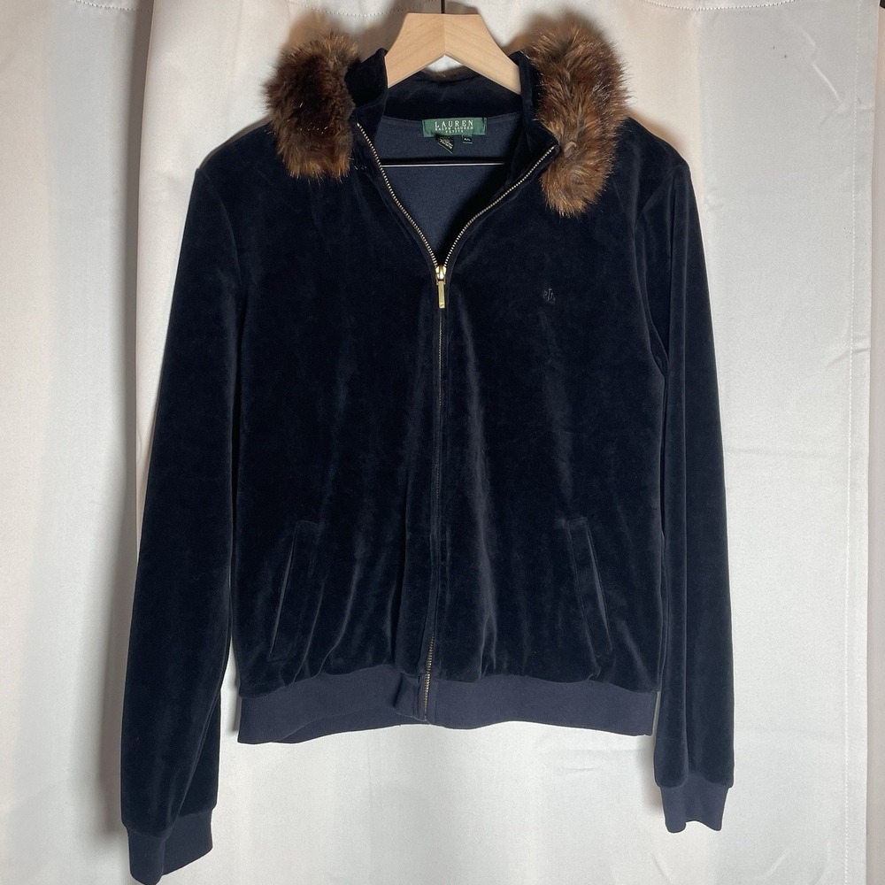 Ralph Lauren Navy Black Velour Track Lounge Jacket Removable Fur Collar Size P/L
